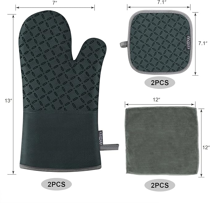 KEGOUU Oven Mitts and Pot Holders 6pcs Set, Kitchen Oven Glove High Heat Resistant 500 Degree Extra Long Oven Mitts and Potholder with Non-Slip Silicone Surface for Cooking (Deep Green)
