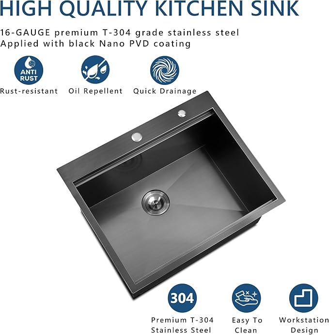 25 Black Drop In Kitchen Sink, Doirteal 25 x 22 Inch Black Workstation Sink Topmount 16 Gauge Stainless Steel Single Bowl Kitchen Sinks BL17S-1