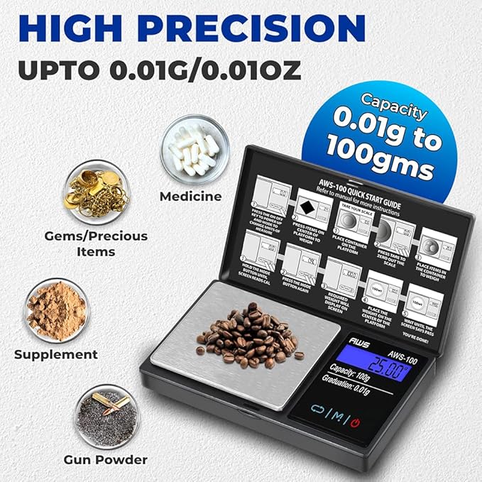 American Weigh Scales 100g x 0.01g Digital Pocket Scale | Precision Digital Scale LCD Display Grams Ounces, Jewelry Scale, Small Pocket Food, Electronic Lab Scale (Calibration Weight Included)