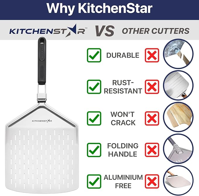 KitchenStar Perforated Pizza Peel 14 inch with 10 inch Folding Handle, Large - Stainless Steel Spatula Paddle for Effortless Pizza Transfer & Easy Storrage - Outdoor Pizza Oven Accessories