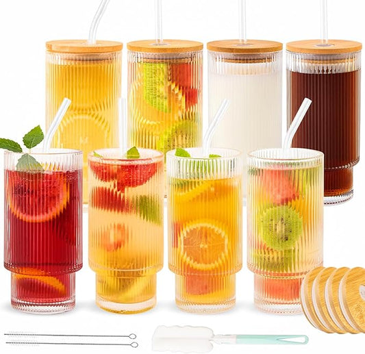 8 Pcs 11oz Ribbed Glass Cups With Bamboo Lids, Stackable, Vintage, Suitable for Coffee, Juice, Cocktails, Beer