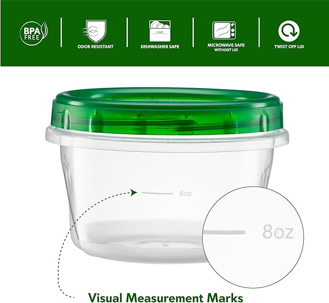 (16 Ounce 20 Pack) Twist cap Containers Clear Bottom With Green Top Screw on Lids Twist Top Food Storage Freezer Containers