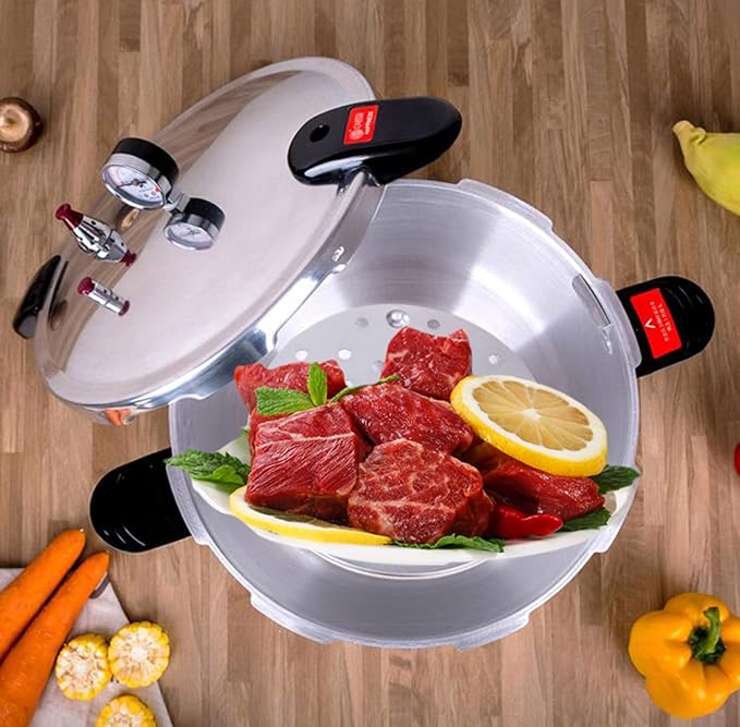 High capacity pressure cookers with cooking rack 22quart canning pressure cooker with gauge Explosion proof safety valve Extra-large size great for big canning jobs,Compatible:natural gas-open flame