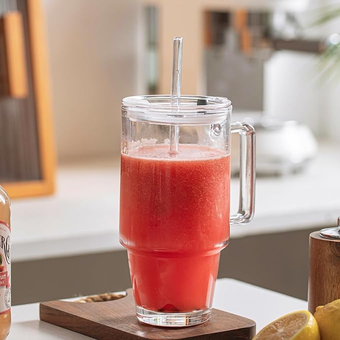 KEMORELA Glass Cups with Lids and Straws 2PCS, 24oz Clear Tumblers with Handle, Reusable Drinking Glasses for Iced Coffee, Tea, Water, Leak Proof Lid, Dishwasher Safe