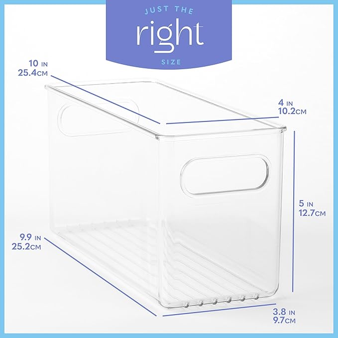 2 pack Clear Plastic Storage Container Bin with Integrated Easy Grip Handles. For Kitchen, Fridge, Freezer, Cabinet, Pantry, Bathroom Organization. 10"x4"x5"