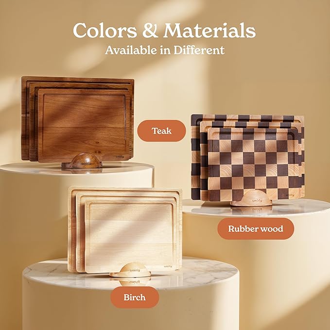 SMIRLY Bamboo Wooden Cutting Boards for Kitchen, Set of 4 Large - Small with Holder, Bamboo Wood Cutting Board Set with Deep Juice Grooves, Non Toxic Serving Tray, Gifts for Women