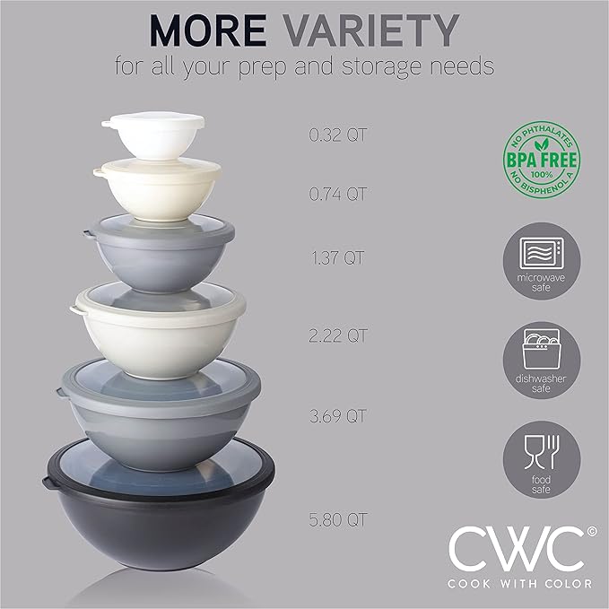 COOK WITH COLOR Mixing Bowls with TPR Lids - 12 Piece Plastic Nesting Set includes 6 Prep and Lids, Microwave Safe Bowl (Black Ombre)