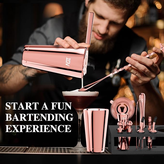 IOV Cocktail Shaker Set: 12-Piece Mixology Bartender Kit Bar Set | 18oz & 28oz Boston Shaker Drink Mixing Tools for Home with Recipe Booklet and Stand | Fun Housewarming Gift (Rose Gold)