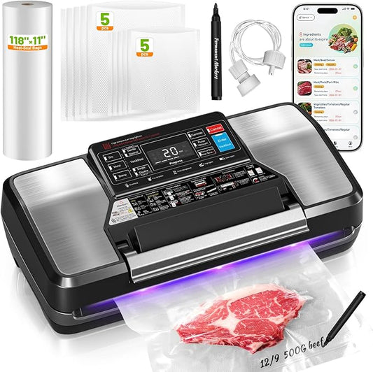 95Kpa Vacuum Sealer Machine for Food with Bags, 12-in-1 Food Saver Vacuum Sealer with Double Heat Seal, Built-in Cutter,Accessory Hose, Bag Storage,10 Bags, 1 Bag Roll & Marker Pen,App Control