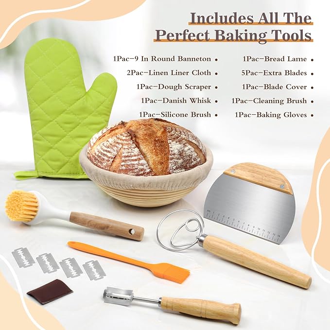 Bread Banneton Proofing Basket,9 Inch Round Sourdough Proofing Basket with Linen Liner,Bread Making Tools and Supplies,Home Sourdough Bakers Baking and Sourdough Starter Kit