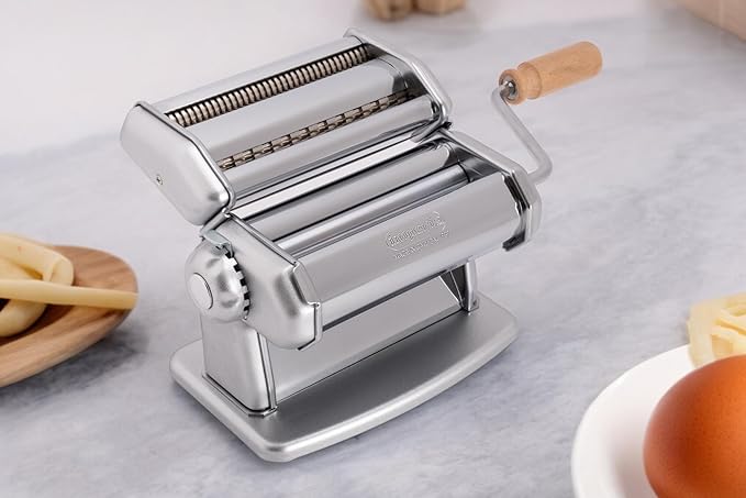 Imperia IPasta Classic Pasta Maker- 100% Made in Italy- Pasta Machine with Durable Steel Construction- Cutter Attachment Accessory for Lasagna, Fettucine & More- Manual Roller w Wooden Handle (Silver)