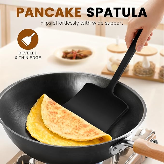 4 Pcs Silicone Cooking Utensils Set, Heat Resistant Silicone Spatulas Include Solid & Pancake Turner, Solid & Slotted Soup Ladle, Kitchen Utensils set for Non-Stick Pans, for Frying Draining Flipping