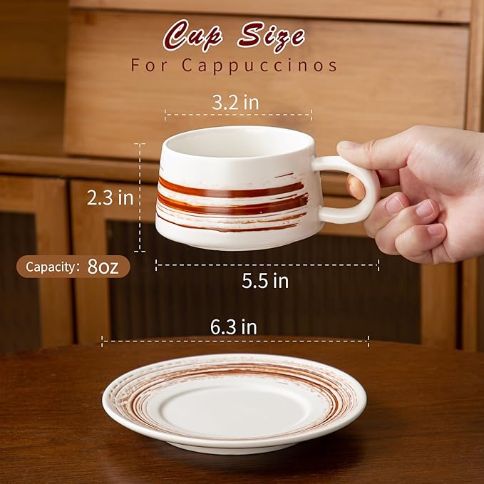 YUN TAO 4-Piece Ceramic Latte Cups with Saucers Set with Ergonomic Handles,Tea Mugs - Elegant Stylish Design for Home Office Cafe Perfect for Coffee Lovers-Birthday Gifts for Women