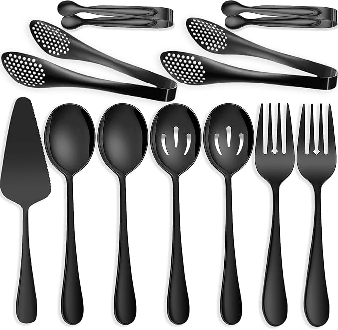 11 PCS Serving Utensils, Large Stainless Steel Spoons Forks Tongs, Pie Server, Great for Hostess Buffet Catering Banquet Party, Black