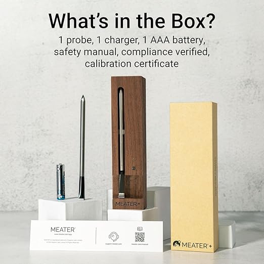 MEATER Plus: Smart Bluetooth Wireless Meat Thermometer Digital (Walnut) | BBQ, Grill, Oven, Smoker, Air Fryer, Kitchen | Perfect for Steak, Chicken, Turkey, and More | Delicious Recipes in App