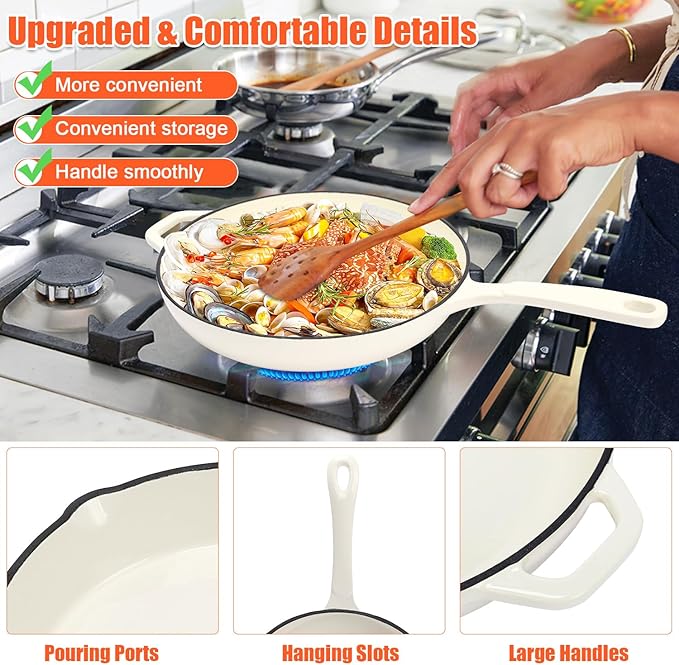 Nonstick Enameled Cast Iron Cookware Set- 3 Frying Pan and 1Piece Pots with Lid, Skillet, Heavy Duty Cookware, Dutch Oven Set for All Stovetops, Ideal for Sourdough Bread Baking,Cream White