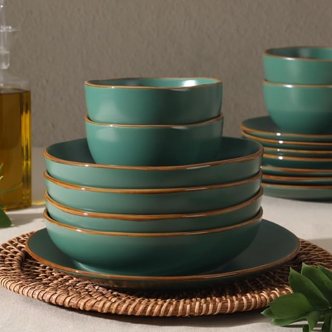 Gibson Home Hazeltine 16 Piece Plates and Bowls Dishes Stoneware Ceramic Dinnerware Set - Green