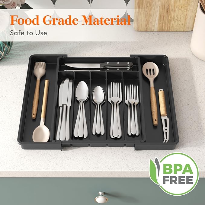 Lifewit Silverware Drawer Organizer, Expandable from 11 to 18 inches, Utensil Tray for Kitchen, BPA Free Flatware Cutlery Holder, Adjustable Plastic Storage for Spoons Forks Knives, Large, Black