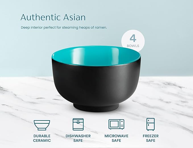 KooK Ramen Bowl, Japanese Bowls, Noodle Bowls, Large Soup Bowl, Ceramic, Large Capacity, For Ramen, Pho, Udon, Soba, Microwave and Dishwasher Safe, 34 oz, Set of 4 (Black/Teal)