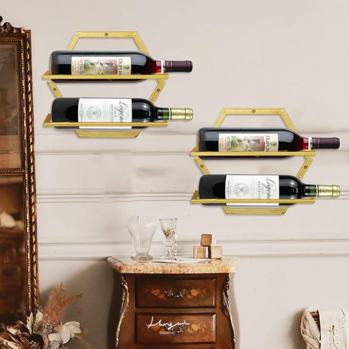2Pcs Wall Mounted Wine Bottle Rack, Metal Hanging Wine Display Holder Organizer, Red Wine Racks for Home Kitchen Bar Decor Storage(Gold)