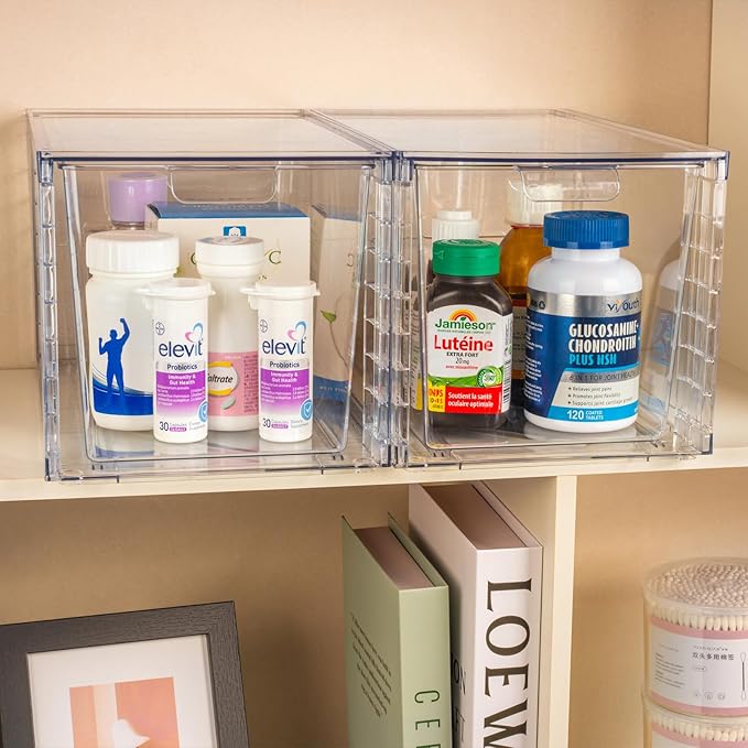 4Pack Large Stackable Kitchen Storage Drawers, Clear Foods Organizer Bins with Handles, Easily Assemble for Bathroom, Kitchen, Pantry, Cabinet, Closet(XL-UP Handle)