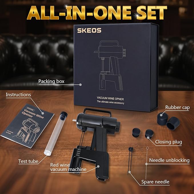 SKEOS Electric Wine Opener, Needle Piercing Vacuum Wine Bottle Opener for Smooth Extraction, No Cork Damage, Vacuum Seal Freshness, Perfect for Wine Lovers, Black