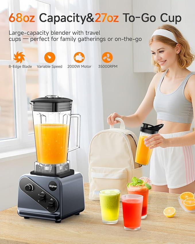 Blender for smoothies, 2000 Peak Watts professional blender, 68oz Large Capacity with 27oz TO-GO cup, Best blenders for kitchen to make smoothies, soups, jams&More, Dishwasher Safe, BPA Free