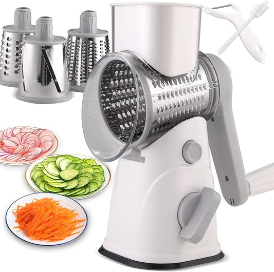 Rotary Cheese Grater Hand Crank, Kitchen Mandolin Vegetable Cheese Shredder with 3 Interchangeable Blades,Easy Clean Rotary Grater with Handle,Kitchen Grater Grinder for Cutting Cheese,Vegetable Nuts