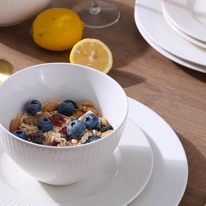 16 Pcs White Dinnerware Sets for 4, Ceramic Plates and Bowls Sets with Mugs, Dishwasher and Microwave Safe - Embossed Stripe Decro, Elegant Kitchen Dish Sets, QOMO-1996