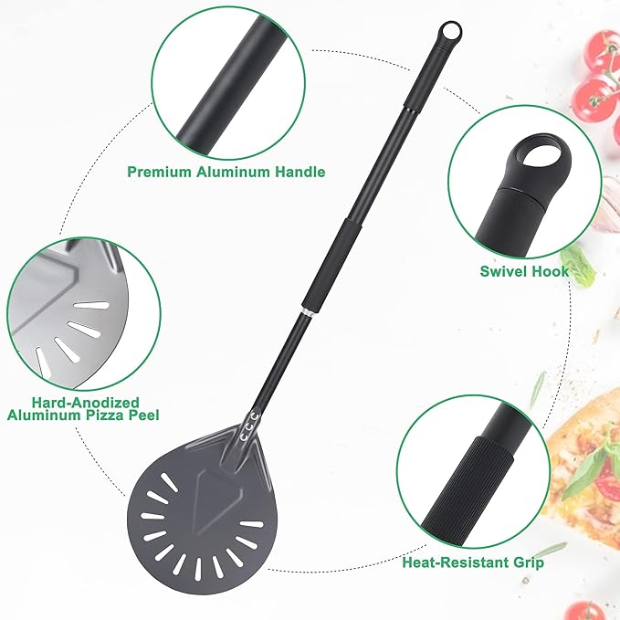 Pizza Turning Peel - 9 Inch Aluminum Perforated Pizza turner with 33 Inch Long handle Lightweight, Metal Pizza Peel for Outdoor Pizza Oven Accessories