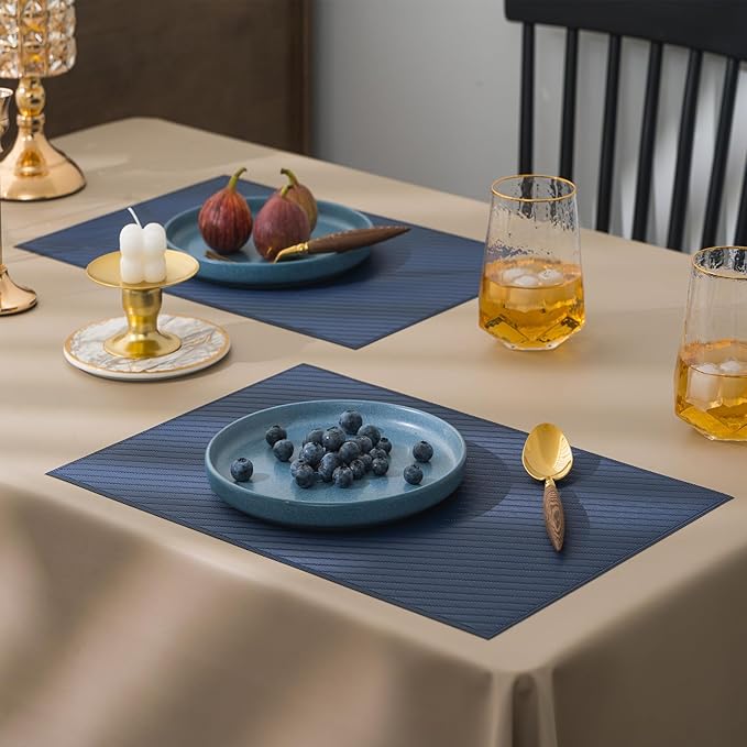 BACKTOEDEN Placemats Set of 6 Heat Resistant Washable Wipeable Placemat Woven Non-Slip Foldable Vinyl/Plastic Place Mats Indoor/Outdoor Mat Kitchen Dining Table Pad, Royal Blue Twill