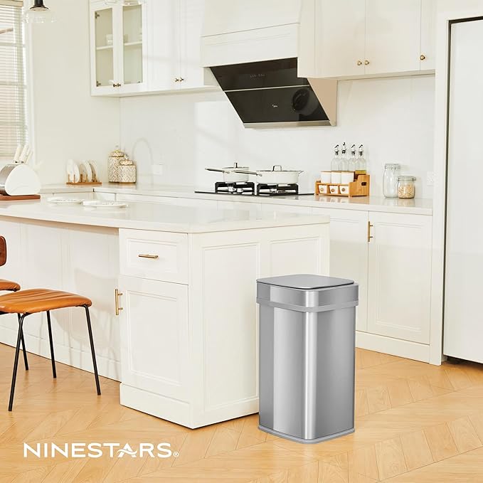NINESTARS 13 Gallon Odor Neutralizing Smart Trash Can, UV + Ozone Dual Purification, Odor Control Motion Sensor Garbage Bin, Universal Power Adapter, ONT-50-82SL Stainless Steel, Silver, Nova Series