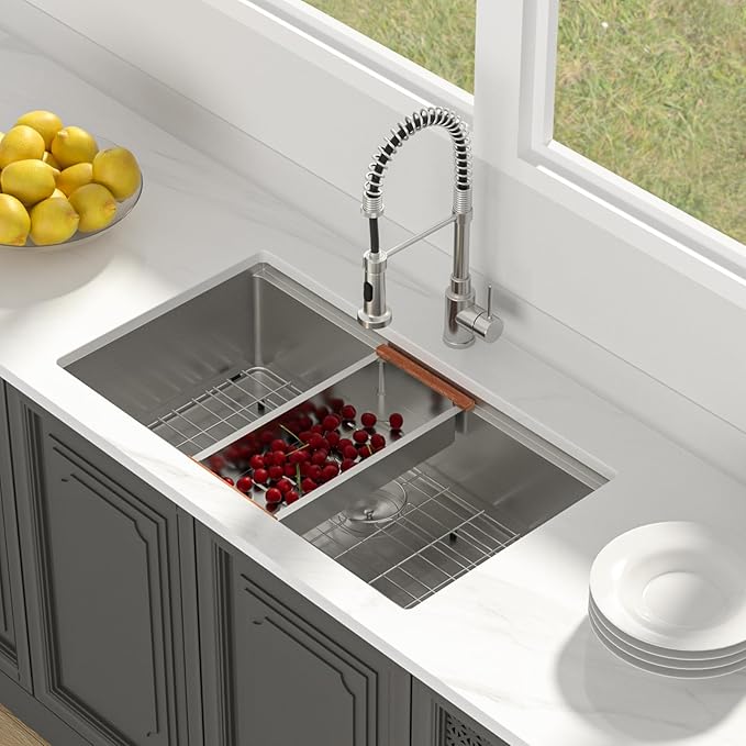 Lordear 33 Inch Undermount Kitchen Sink Honeycomb Finish 16 Gauge Stainless Steel Single Bowl Workstation Sinks Scratch Resistant Handmade Under Counter Sink Basin