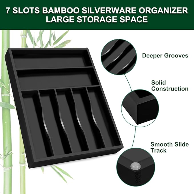 Bellsal Black Utensil Organizer 12.5 Inch Silverware Tray for Drawer Utensil Holder Cutlery Organizer Kitchen Drawer Organizer 7 Compartment Small Narrow Bamboo