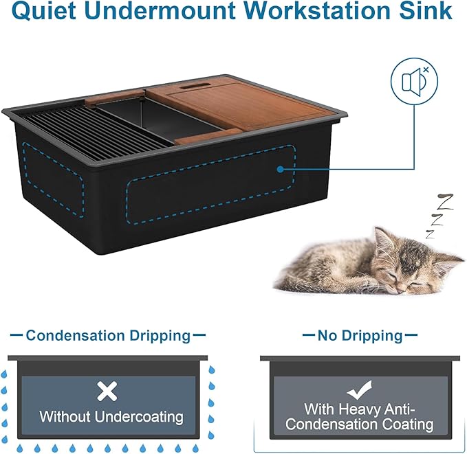 28 inch Gunmetal Black Undermount Kitchen Sink, HausinLuck 16 Gauge Stainless Steel Undermount Workstation Kitchen Sink Handmade 10 inch Deep Single Bowl Sink with Ledge and Accessories (Pack of 5)