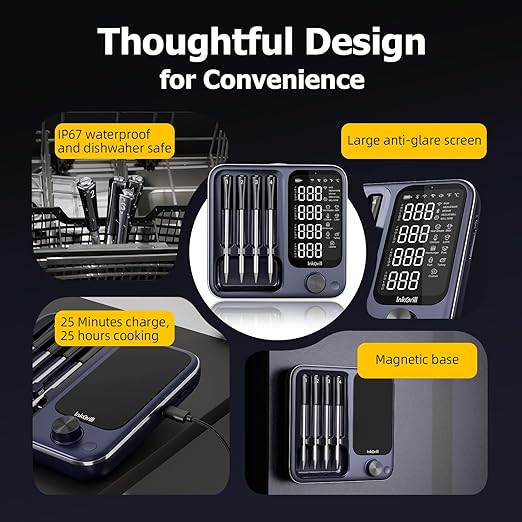 Wireless Meat Thermometer with APP Control，4 Probes Meat Thermometer Digital, Unlimited Range WiFi & Bluetooth Meat Thermometerfor for Rotisserie，Grill，Oven，Smoker，BBQ, Air Fryer