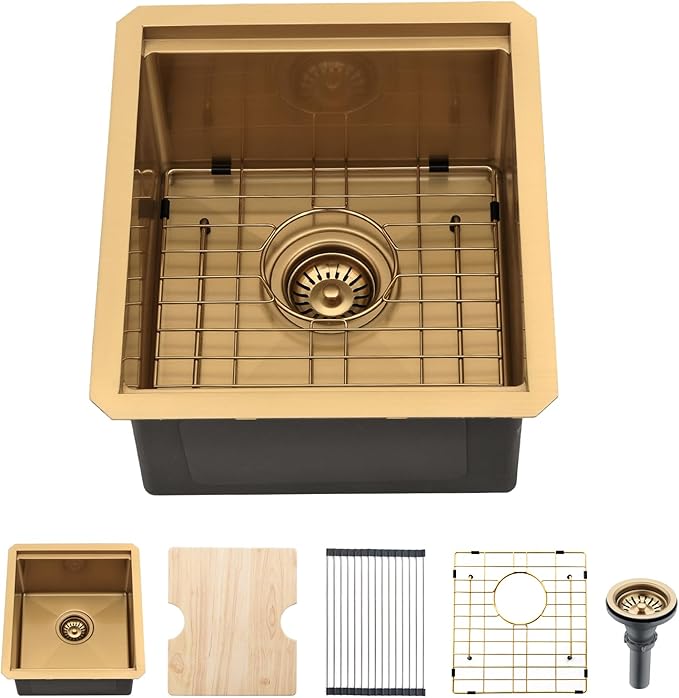 Gold Bar Sink, 15 x 17 Inch Undermount Kitchen Sink Small Wet Bar Prep 16 Guage Stainless Steel Single Bowl Basin