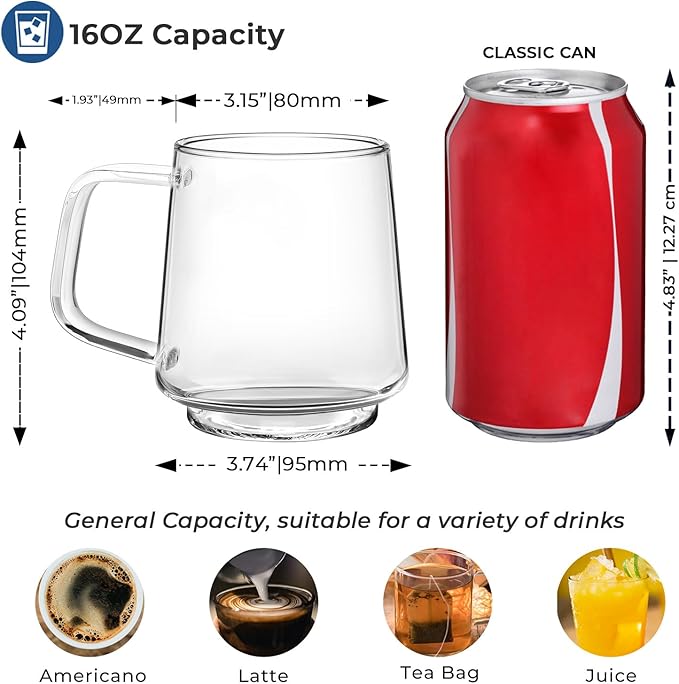 Aquach 16 Oz Glass Coffee Tea Cups, Clear Mugs with Handle, Microwave and Dishwasher safe Home Office Mug Perfect for Americano Latte Hot Beverages, 2-Pack