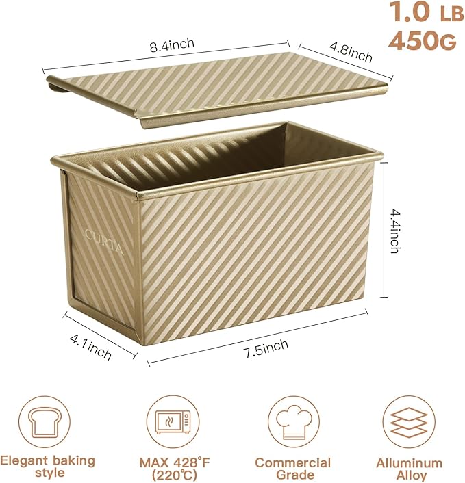CURTA Commercial Pullman Loaf Pan with Lid 1 lb Dough Capacity Non-Stick Bakeware for Baking Bread, Corrugated Bread Toast Mold with Bread loaf pan, Champagne Gold 2pcs