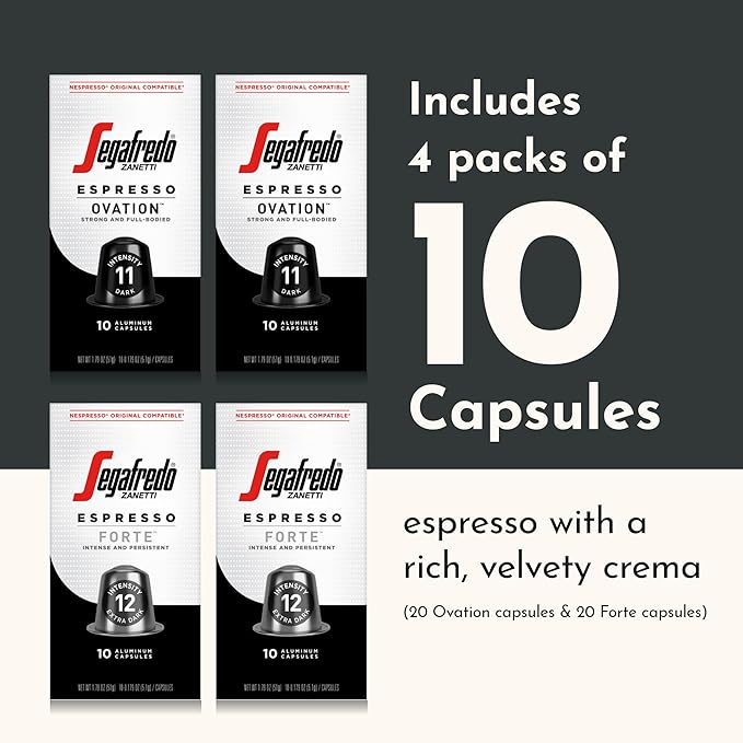 Segafredo Zanetti Espresso Capsules – Aluminum Pods for Nespresso Original Machines – Ovation & Forte Variety Pack Premium Espresso – Dark and Extra Dark Roast – Ovation & Forte, 10 Count (Pack of 4)