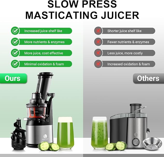 Ventray Cold Press Juicer, Slow Juicer Machine with 3-inch Large Feed Chute for Whole Fruits & Vegetables, 240W Electric Masticating Juice Extractor, High Juice Yield, Easy to Clean