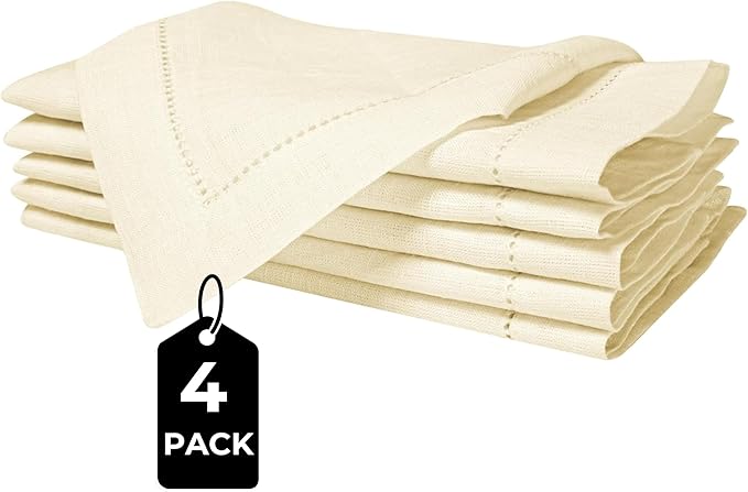Linen Cotton Cloth Napkins Set of 4-100% Linen Hemstitched Napkins 18x18 Inches for Wedding, Dinner, Thanksgiving, Parties – Reusable Elegant Table Napkins for Home Decor & Events