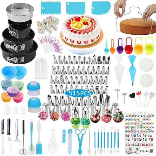 Cake Decorating Kit Cake Decorating Supplies, 515 PCS Baking Supplies Set with 3 Springform Pan Sets, 66 Icing Piping Nozzles, Cake Rotating Turntable, Piping Bags, Birthday Gifts for Mom Wife