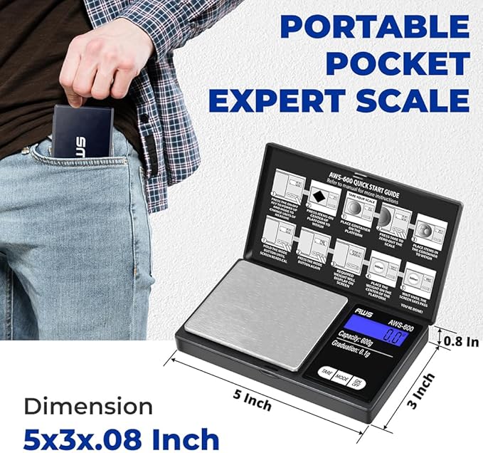 American Weigh Scales Digital Pocket Scale 600g x 0.1g with LCD Display Gram, Ounce, Carat, Grain for Coins, Jewellery, Gemstones, Metals, Kitchen, Food & Medicines – Black