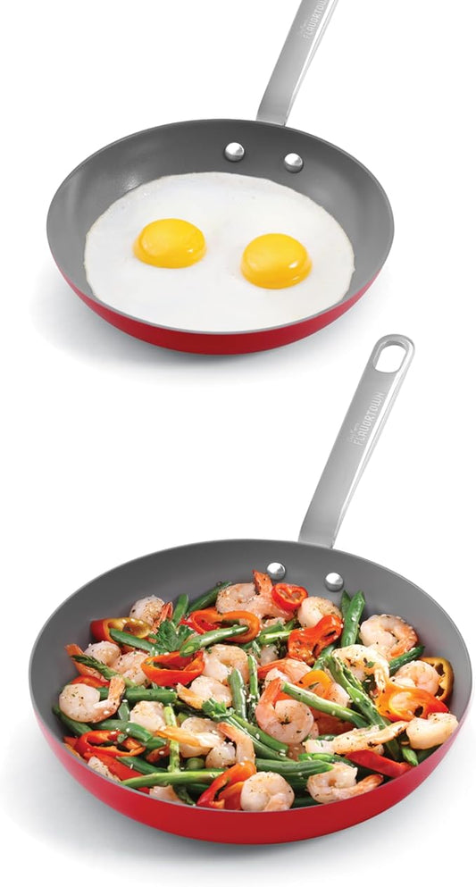 Guy Fieri's Flavortown 2-Piece Ceramic Cookware Set, Nonstick Frying Pan Set 10" and 12", Kitchen Cookware, Made without PFAS PTFE PFOA, Oven and Dishwasher Safe, Easy to Clean Everyday Cookware