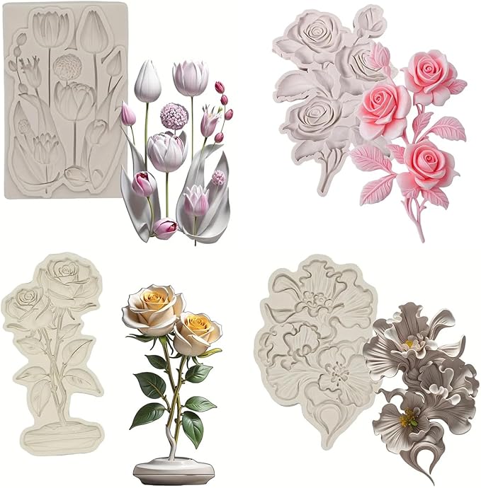 (Four-piece set) Tulip Rose Silicone Mold Cake Chocolate Mold Wedding Cake Decoration Tool Soft Candy Cake Mold