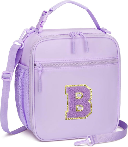 Initial Insulated Lunch Bag for Girls Kids, Back to School Gift, Reusable Leak-proof Lunch Box with Adjustable Strap for School Daycare Travel Picnic (Purple,B)