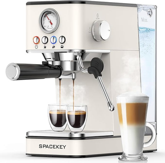 Spacekey Espresso Machine 20 Bar, Espresso Maker with Milk Frother Steam Wand, Stainless Steel Espresso Coffee Machines for Home, Cappuccino, Latte Maker with 58oz Removable Water Tank, White