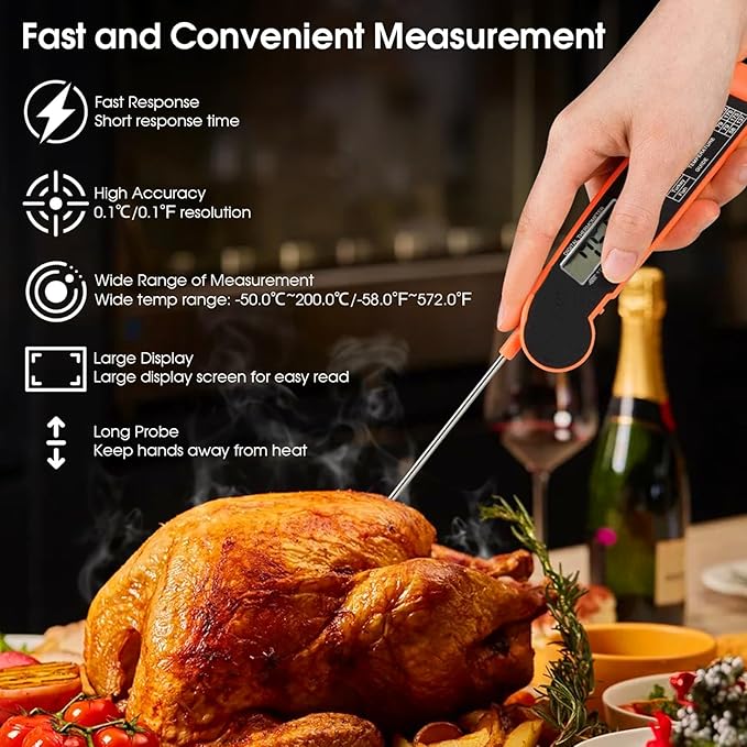 Digital Meat Thermometer for Grilling Instant Read Food Thermometer for Cooking and Baking Kitchen Turkey Temperature Probe for Deep Fry Grill BBQ Baking Frying - Orange