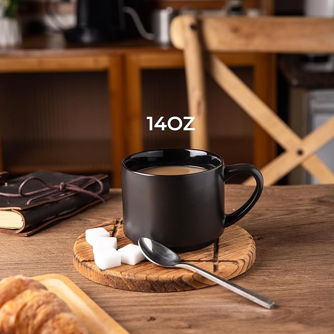 GBHOME 14 OZ Coffee Mugs Set of 6, Stackable Ceramic Mugs for Men, Women, Modern Coffee Cups With Stable Base for Latte, Tea, Cappuccino. Dishwasher & Microwave Safe, Matte Black